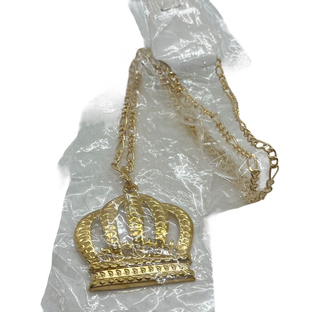 Crown Chain Necklace Royal Hip Hop Gold Tone King Queen Pendant Unisex Men Women